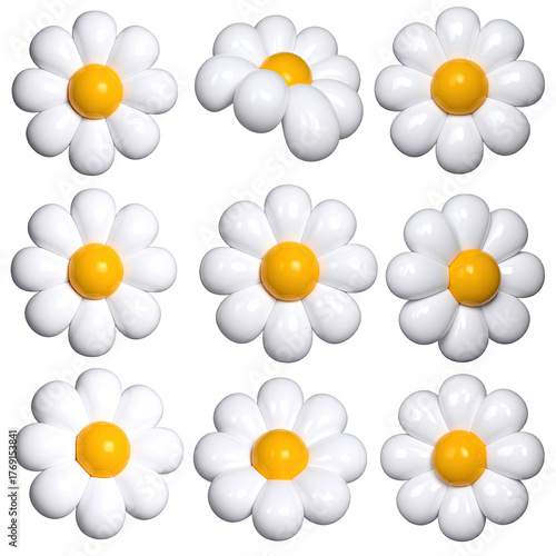 Nine glossy, white, daisy-like flowers on a black background
