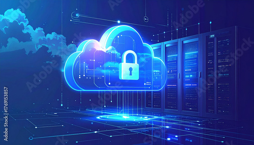 Abstract business technology background with glowing cloud icon, secure padlock hologram, futuristic server data network, cyber blue gradient, no text.