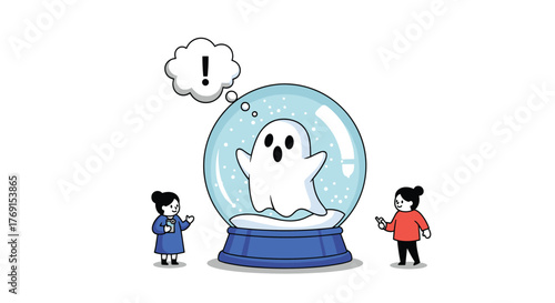 Two young children look with surprise and wonder at a curious ghost trapped inside a snow globe, sparking an unexpected discovery.