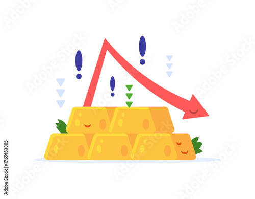 The concept of gold depreciation. The price of gold continues to decline. Problems and losses. Illustration of a pile of gold bars with a downward arrow. Gold ingots. Flat design style