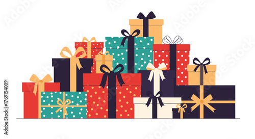 A large, vibrant stack of beautifully wrapped present boxes with decorative ribbons and bows, perfect for celebrations and holidays.