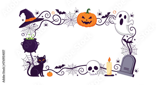 A vibrant Halloween border frame featuring a spooky jack-o'-lantern, ghost, witch's hat, black cat, skull, cauldron, bats, and spiders.
