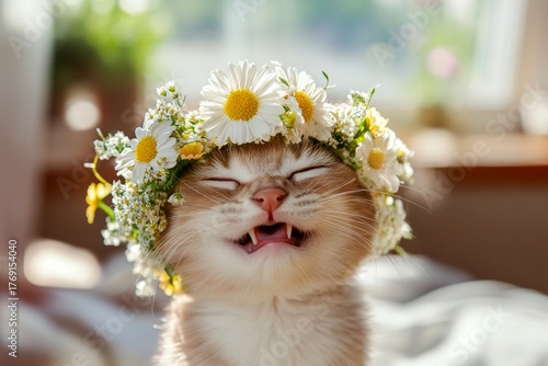 Soft daylight. Sunny days happiness. Cute baby cat burmese wearing fierce flower circlet on its head. Young cat adventurer in summer. Playful summer vibes for kittens. Beautiful cat in bloom.