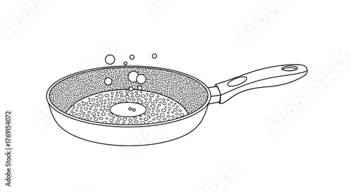 A simple black and white line drawing illustrates a frying pan containing a hot, bubbling liquid, suggesting active cooking or heating.