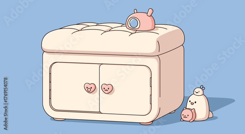 Cute pastel tufted storage ottoman with playful heart handles, a tiny pink pet carrier, and adorable cartoon animal figures.