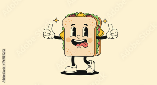 A cheerful cartoon sandwich character gives a double thumbs-up, showcasing its delicious layers with a vintage animation style.