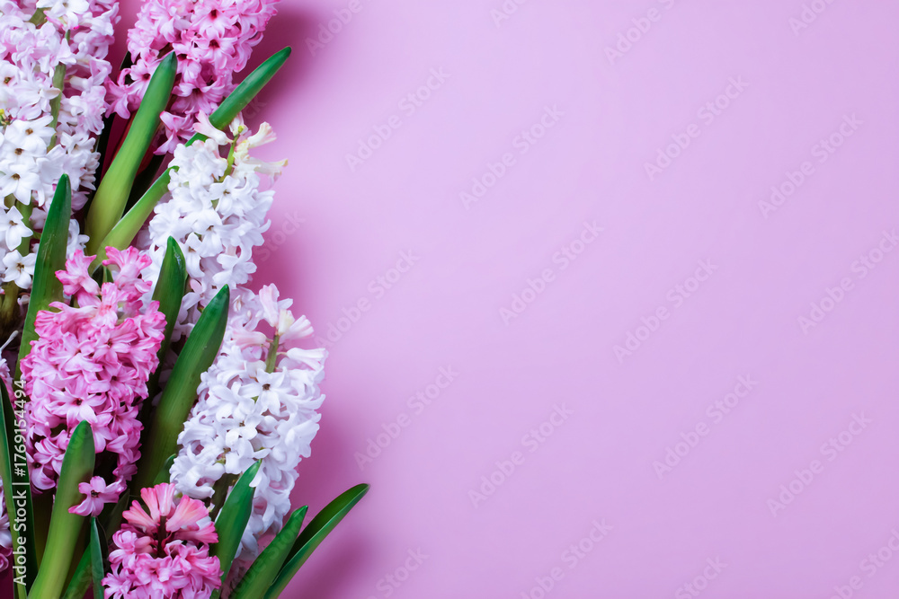 Obraz premium Hyacinth flowers in pink and white with green leaves on a light purple background to the left side