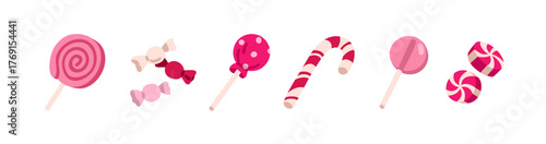 Sweets set. Swirl lollipop, lolly on stick, caramels in wrapper, bonbons, candy cane. Sugar snacks, confections. Assorted confectionery. Flat vector illustration isolated on white background