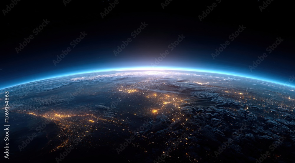 Fototapeta premium Earth from space at dawn, with city lights