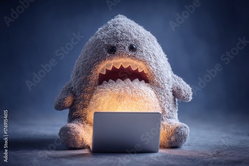Dark room, bright screen: shark's fearful focus. Shark with laptop. From wallets to wreckage: how crypto traps the unprepared. Shark and screen. Trading crypto guide.