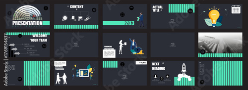 Business presentation, header, PowerPoint, new business project, photo. Infographic template, green elements on a black background, set. Team of people creating a business. Vector illustration