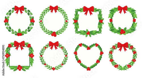 Collection of festive wreath frames with red berries and bows displayed