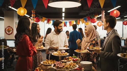 People gathered at a festive office party with food lanterns and colorful decorations celebrating together