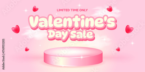 Happy Valentine day sale banner background. Love creative card concept design discount for holiday season template with 3D podium, hearts. Vector illustration for romantic offers