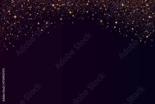 Bronze glitter background. Shimmer spray effect for Christmas celebration banners. Shiny confetti, stardust light powder texture. Festive particles isolated on dark background. Vector illustration.