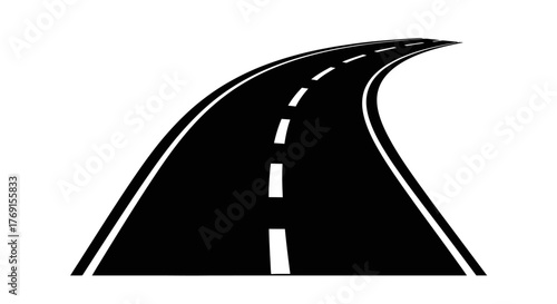 A curved road depicted in simple black and white vector illustration