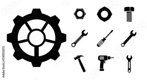A collection of various black and white mechanical tools and gear icons