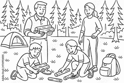 Coloring pages for kids - Family camping together collecting firewood in the forest  