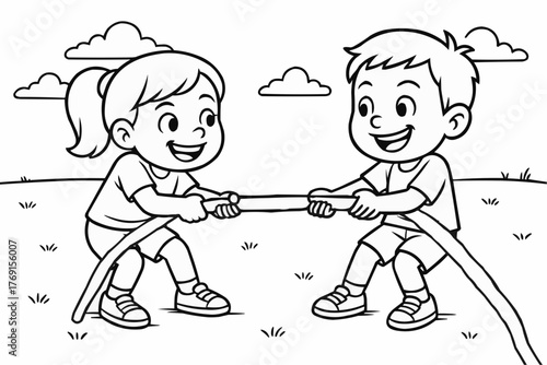 Coloring pages for kids - Children playing tug of war outdoors in a playful manner  