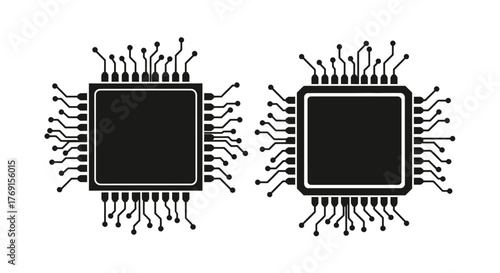 Two black microchips with numerous pins displayed in a simple illustration