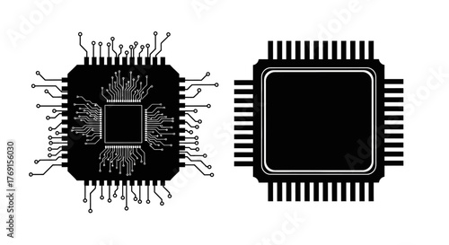 Detailed illustration of two black microchips with complex internal circuitry