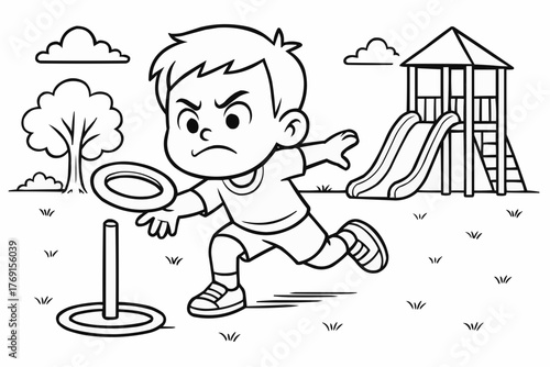 Coloring pages for kids - Young boy playing with a frisbee in a playground scene  