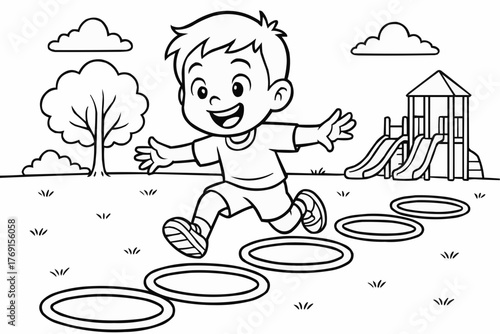 Coloring pages for kids - Young boy playing and jumping on playground stepping stones  
