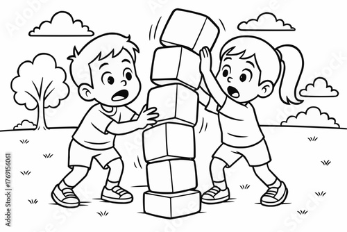 Coloring pages for kids - Two children stacking blocks together in a park on a sunny day  