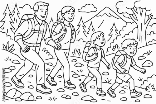 Coloring pages for kids - Family hiking with backpacks in nature on a sunny day  
