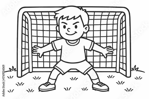 Coloring pages for kids - Cartoon boy goalkeeper defending soccer goal on grassy field  