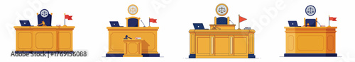 Judge's Bench and Court Furniture Set Vector Illustrations, Symbolizing Justice, Law, and Legal Proceedings.