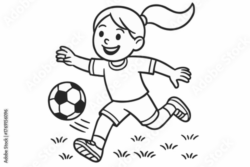 Coloring pages for kids - Happy girl running and playing soccer on grass field  