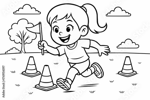 Coloring pages for kids - Smiling girl running with flag in an outdoor field during activity  