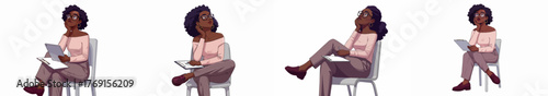 Vector illustration of a black woman professional sitting, thinking, and writing notes on a clipboard in four different poses.