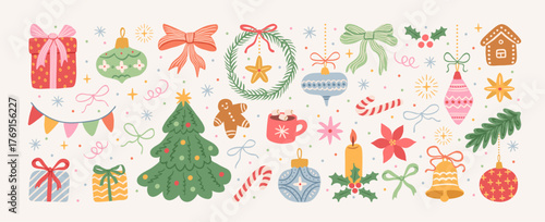 Christmas hand drawn cute vintage doodle elements. Christmas tree, gift, star, bows, candy cane, baubles, cacao, confetti, snowflake, holly. Holiday retro decorations. Vector illustration.