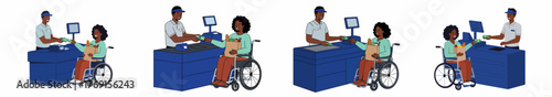 Diverse and inclusive shopping: Black woman in a wheelchair pays a smiling cashier for groceries at the checkout counter.