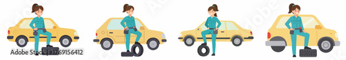 Confident Female Auto Mechanic Character Poses Set with Car and Tools Vector Illustration.