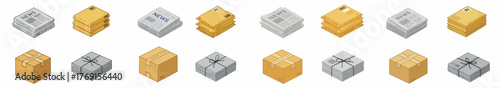 Collection of isometric delivery icons including cardboard boxes, shipping envelopes, bundled documents, and stacked newspapers.