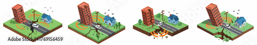 Isometric stages of earthquake destruction showing seismic waves, cracked buildings, road fissures, and collapsing ground in a city environment.