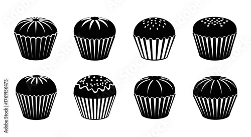 A collection of monochrome cupcake silhouettes with varied frosting details