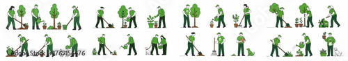 Big collection of illustrations showing people gardening, planting trees, watering, and doing environmental cleanup for sustainability and nature conservation.