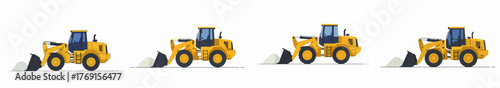 Animated sequence showing a yellow front-end loader scooping materials, construction machinery vector steps on a white background.