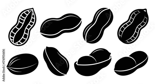 Black and white illustration of various peanut shapes and shell fragments