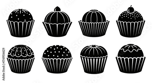 A collection of eight black and white cupcake silhouettes displayed closely together