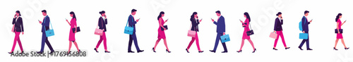 Set of walking business professionals commuting while engaged in mobile communication, talking on cellphones, and texting.