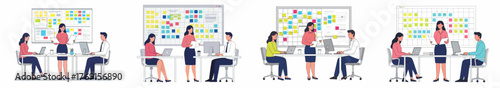 Agile Project Management: Business Team Working Together on Task Planning Board with Sticky Notes Vector Illustration Set.