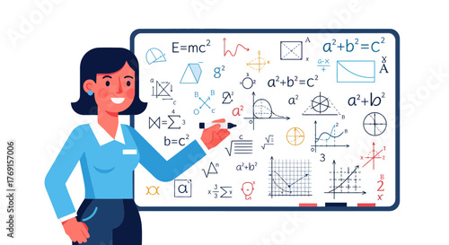 A Teacher Educates With Diverse Mathematical Equations On A Classroom Whiteboard Panel