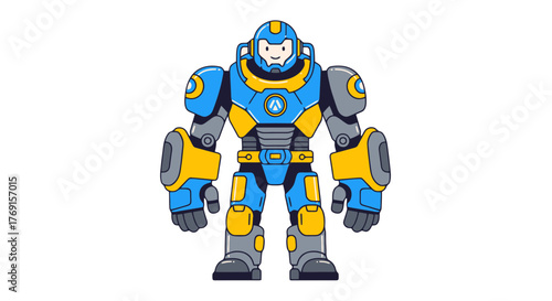 A Cartoon Robot Guardian Depicted With Bright Colors and a Smiling Face Standing Still