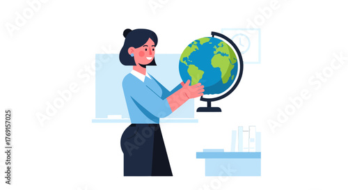 A Teacher Holding A Globe Illustrating Global Education In Classroom Setting