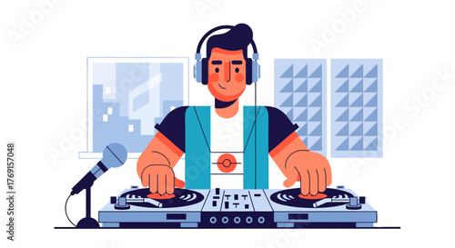 A Cheerful DJ Creating Music, Mixing Tracks, And Enjoying His Headphones And Work